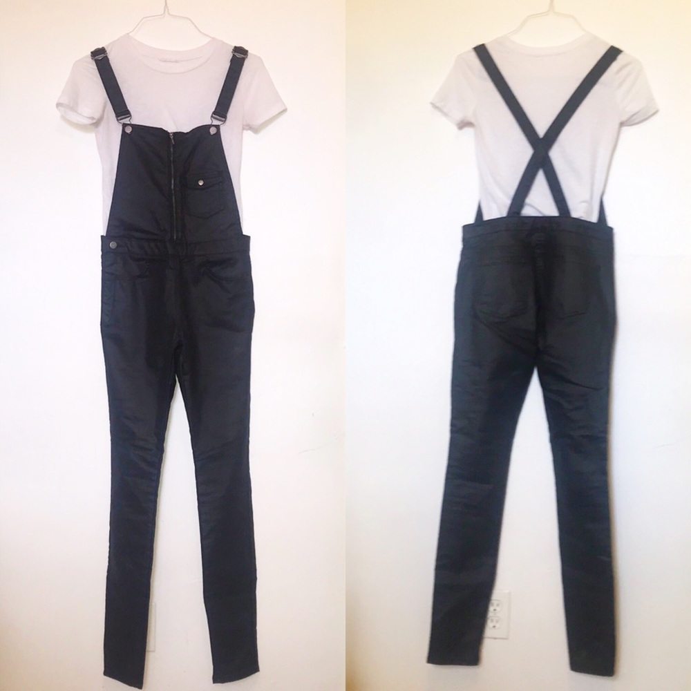 Zara Black Skinny Overalls Coated Denim S